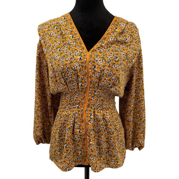Max Studio Floral Balloon Sleeve V-Neck Blouse M Polyester Womens Top‎ - Picture 1 of 8
